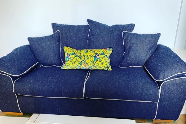 Recovered sofa in Blue Harley fabric Laura Ashley